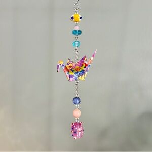 Origami Ornament #2410 - Small Crane with Glass Beads